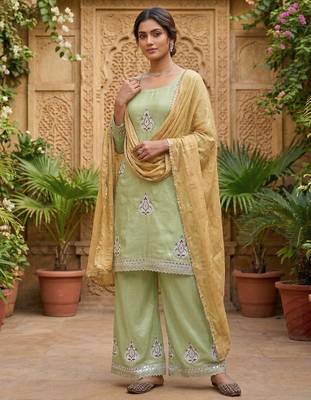 Heavy fendy silk material with 5mm sequence embroidery work party wear look top plazzo & dupatta 1