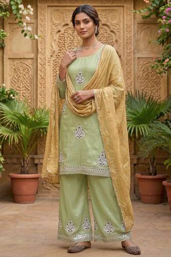 Heavy fendy silk material with 5mm sequence embroidery work party wear look top plazzo & dupatta