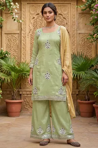 Heavy fendy silk material with 5mm sequence embroidery work party wear look top plazzo & dupatta