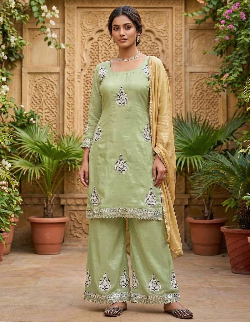 Heavy fendy silk material with 5mm sequence embroidery work party wear look top plazzo & dupatta