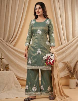 Heavy fendy silk material with 5mm sequence embroidery work party wear look top plazzo & dupatta 1
