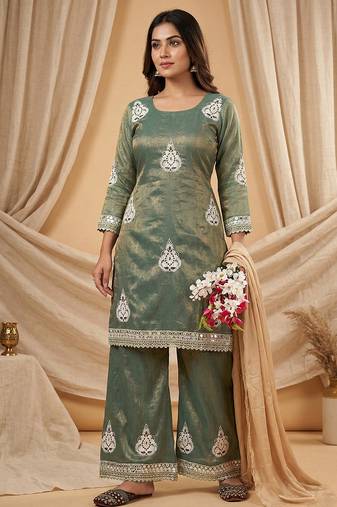 Heavy fendy silk material with 5mm sequence embroidery work party wear look top plazzo & dupatta