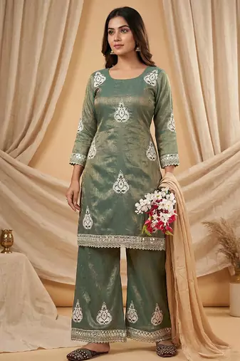 Heavy fendy silk material with 5mm sequence embroidery work party wear look top plazzo & dupatta