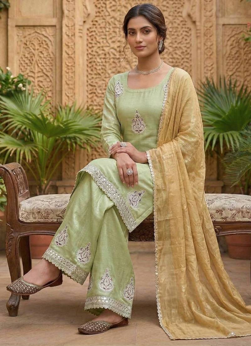 Heavy fendy silk material with 5mm sequence embroidery work party wear look top plazzo & dupatta