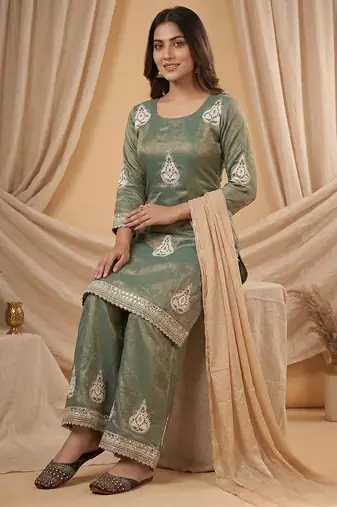 Heavy fendy silk material with 5mm sequence embroidery work party wear look top plazzo & dupatta