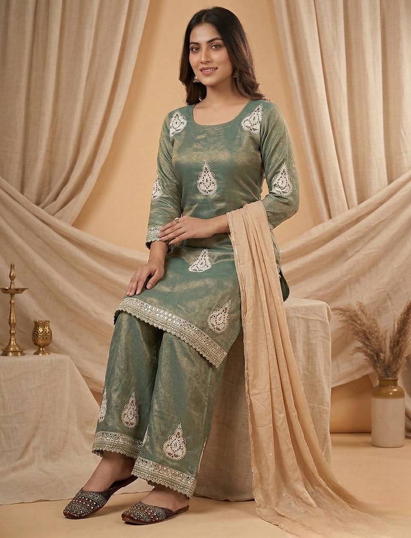 Heavy fendy silk material with 5mm sequence embroidery work party wear look top plazzo & dupatta