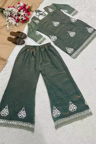 Heavy fendy silk material with 5mm sequence embroidery work party wear look top plazzo & dupatta