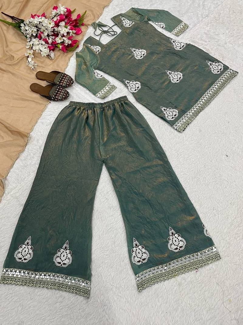 Heavy fendy silk material with 5mm sequence embroidery work party wear look top plazzo & dupatta