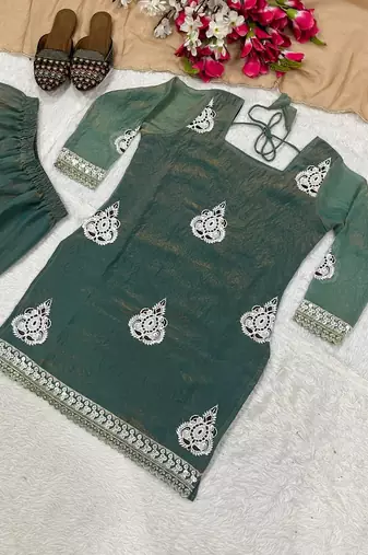 Heavy fendy silk material with 5mm sequence embroidery work party wear look top plazzo & dupatta