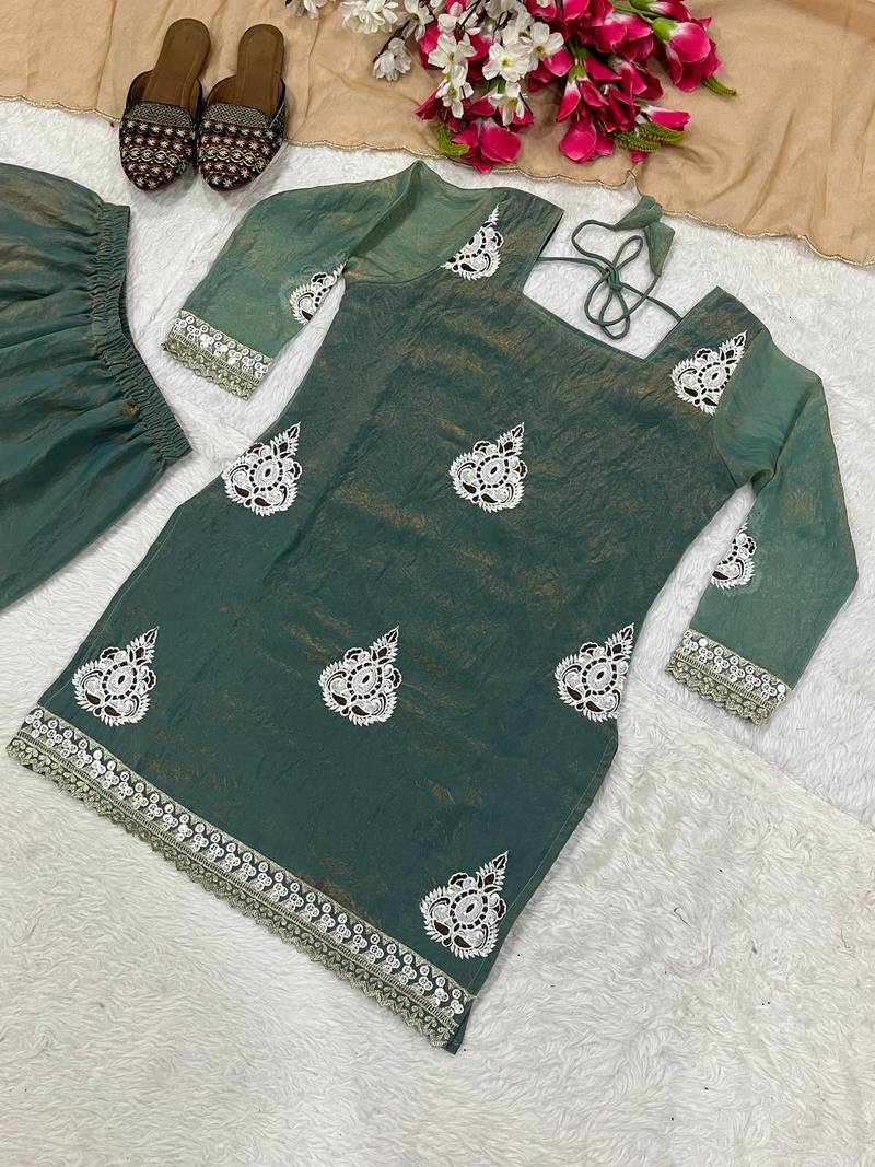 Heavy fendy silk material with 5mm sequence embroidery work party wear look top plazzo & dupatta