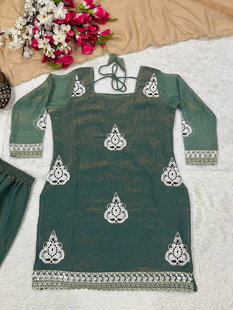 Heavy fendy silk material with 5mm sequence embroidery work party wear look top plazzo & dupatta