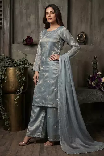 Sky blue designer fandy silk plazo set with sequins work & dupatta