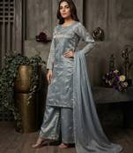 Sky blue designer fandy silk plazo set with sequins work & dupatta