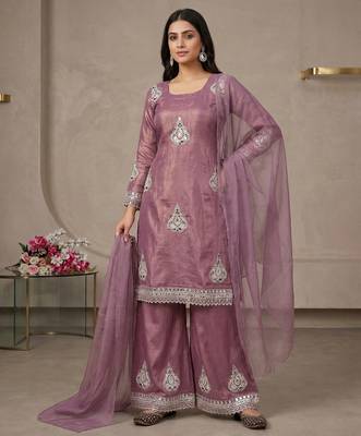 Heavy fendy silk material with 5mm sequence embroidery work party wear look top plazzo & dupatta 1