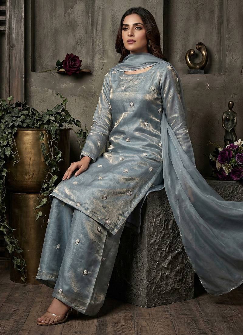 Sky blue designer fandy silk plazo set with sequins work & dupatta