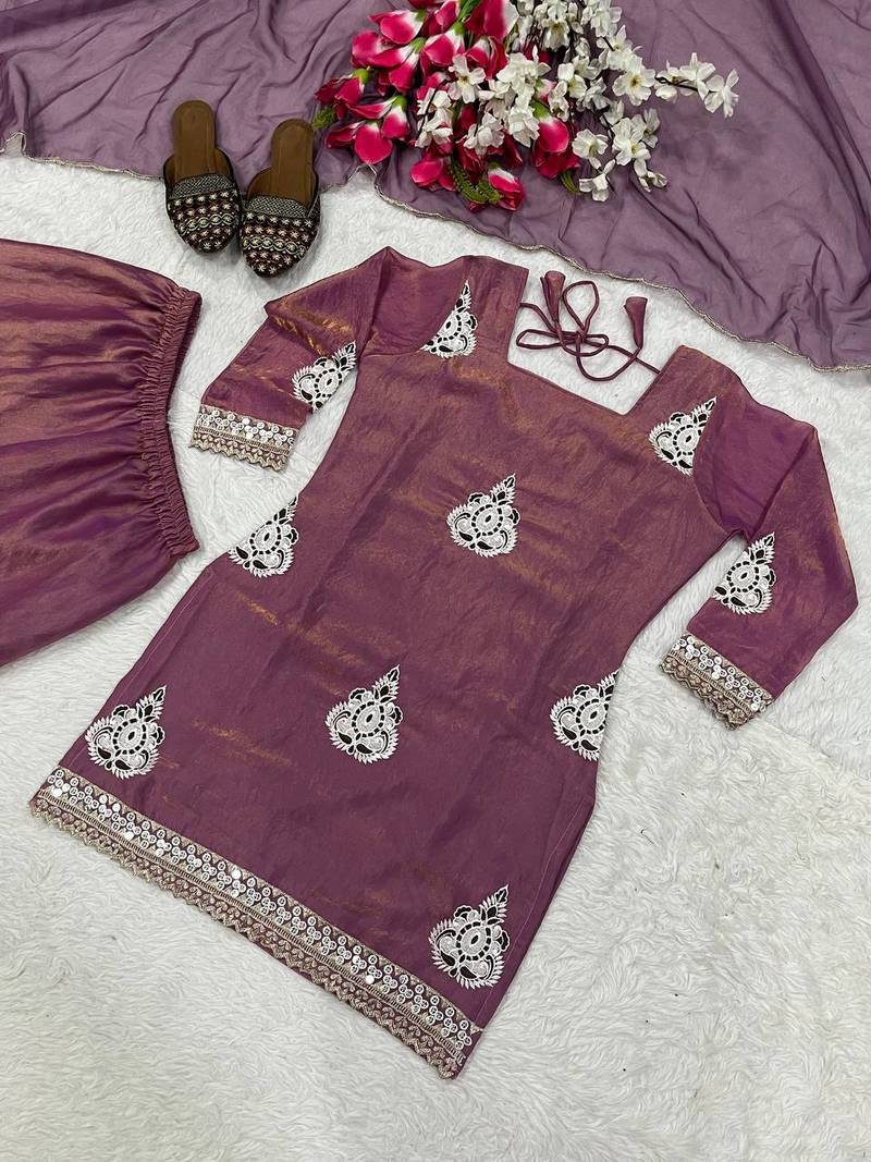 Heavy fendy silk material with 5mm sequence embroidery work party wear look top plazzo & dupatta