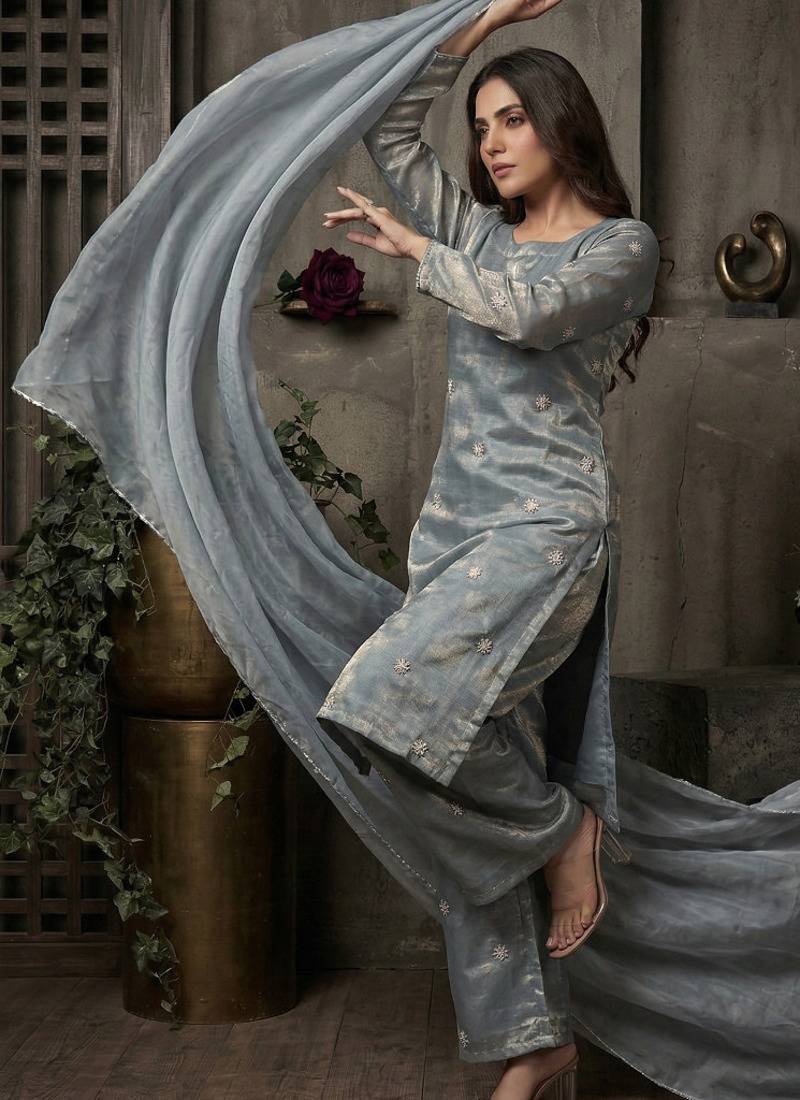 Sky blue designer fandy silk plazo set with sequins work & dupatta