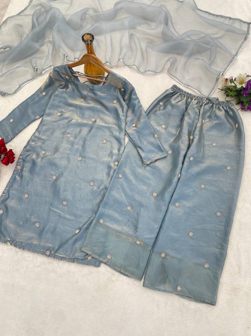 Sky blue designer fandy silk plazo set with sequins work & dupatta