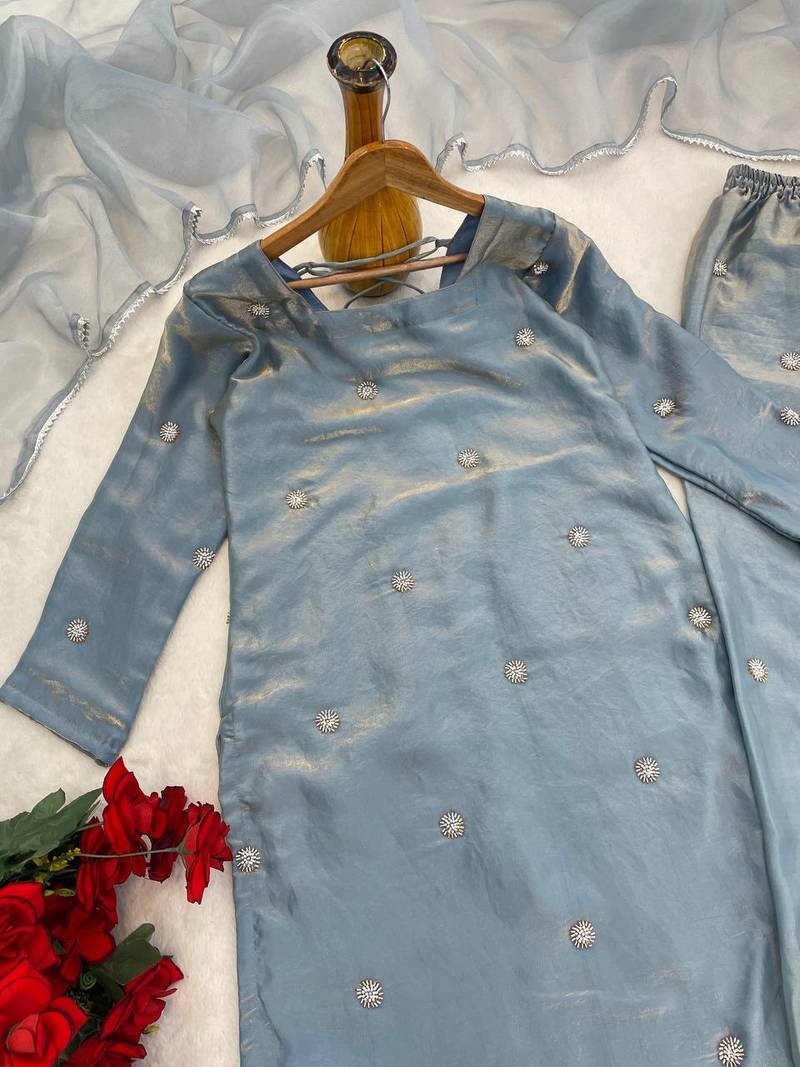 Sky blue designer fandy silk plazo set with sequins work & dupatta