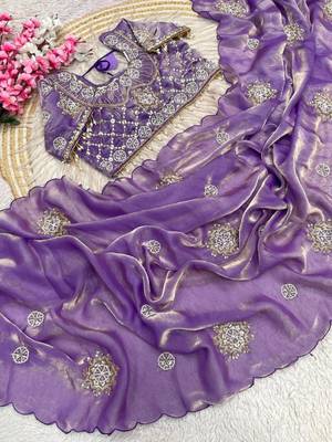 Lavendar Color Hand work with cut work aarko border Sattin art silk saree 1