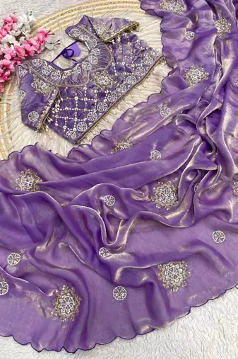 Lavendar Color Hand work with cut work aarko border Sattin silk Saree