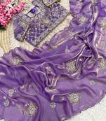 Lavendar Color Hand work with cut work aarko border Sattin silk Saree