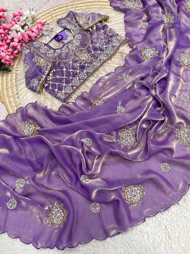 Lavendar Color Hand work with cut work aarko border Sattin silk Saree