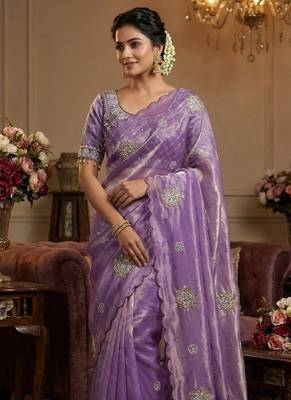 Lavendar Color Hand work with cut work aarko border Sattin art silk saree 2