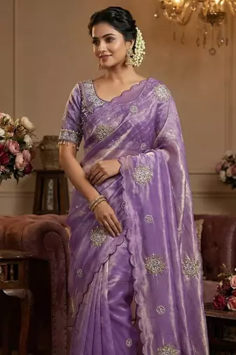 Lavendar Color Hand work with cut work aarko border Sattin art silk saree