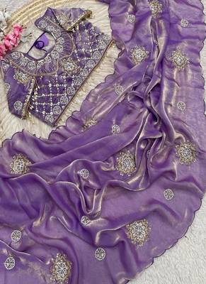 Lavendar Color Hand work with cut work aarko border Sattin art silk saree 3