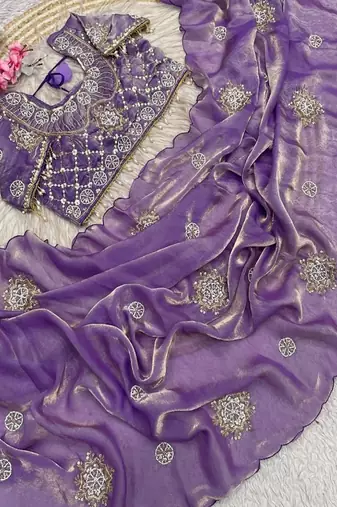 Lavendar Color Hand work with cut work aarko border Sattin art silk saree