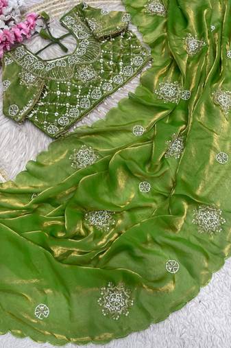 Olive Color Hand work with cut work aarko border Sattin silk Saree