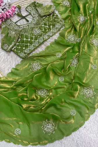 Olive Color Hand work with cut work aarko border Sattin silk Saree
