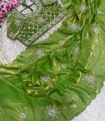 Olive Color Hand work with cut work aarko border Sattin silk Saree