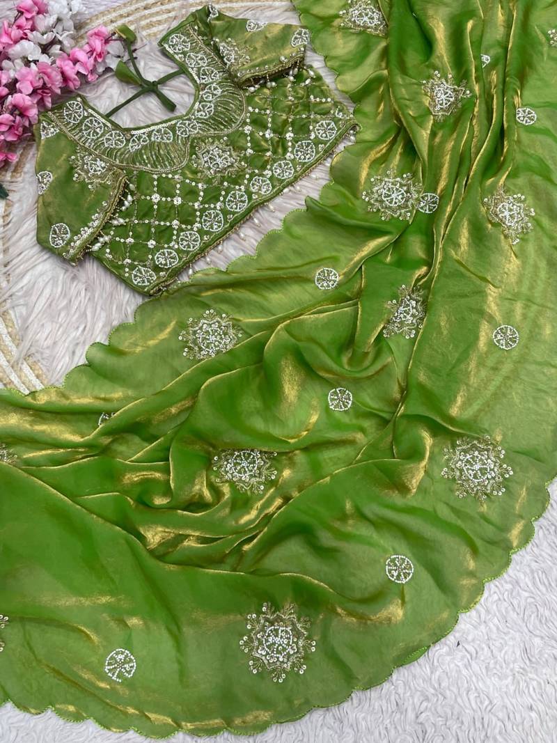 Olive Color Hand work with cut work aarko border Sattin silk Saree