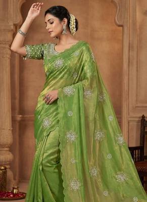 Olive Color Hand work with cut work aarko border Sattin art silk saree 2