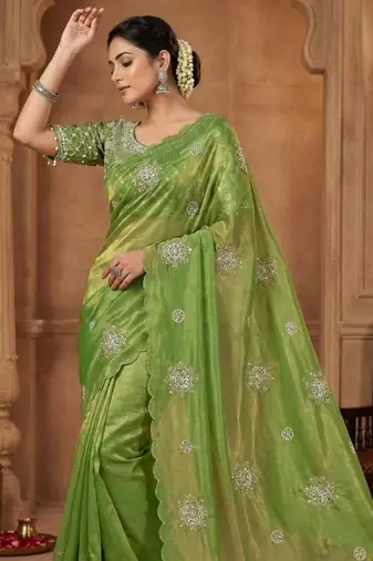 Olive Color Hand work with cut work aarko border Sattin art silk saree