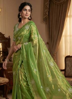 Olive Color Hand work with cut work aarko border Sattin art silk saree 3