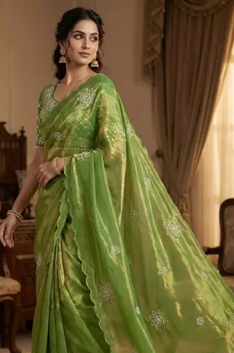 Olive Color Hand work with cut work aarko border Sattin art silk saree