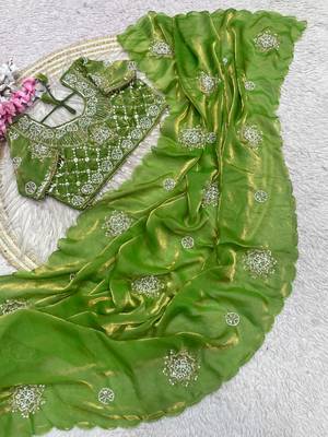 Olive Color Hand work with cut work aarko border Sattin art silk saree 4