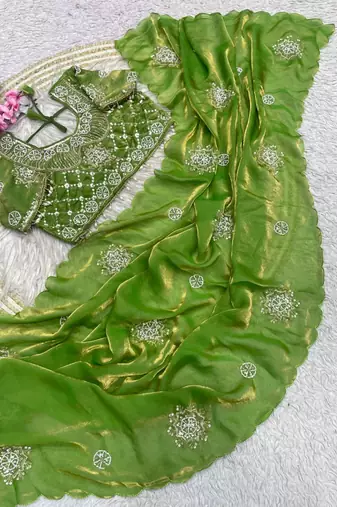Olive Color Hand work with cut work aarko border Sattin art silk saree