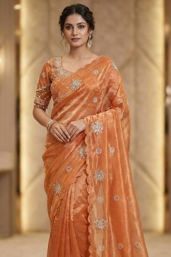 Peach Color Hand work with cut work aarko border Sattin silk Saree