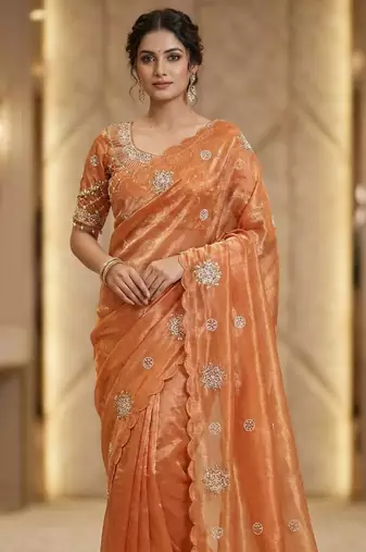 Peach Color Hand work with cut work aarko border Sattin silk Saree