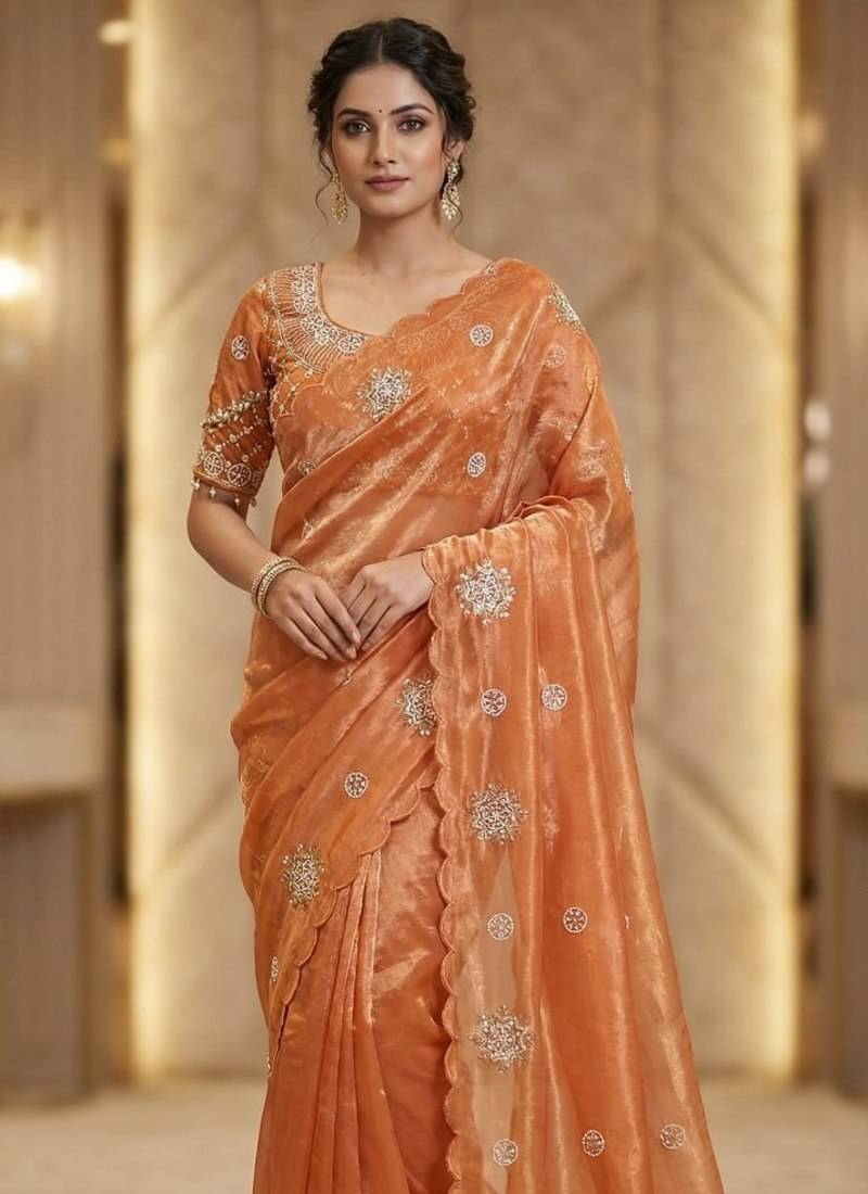 Peach Color Hand work with cut work aarko border Sattin silk Saree