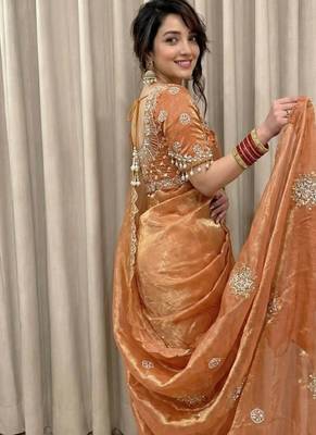 Peach Color Hand work with cut work aarko border Sattin art silk saree 2
