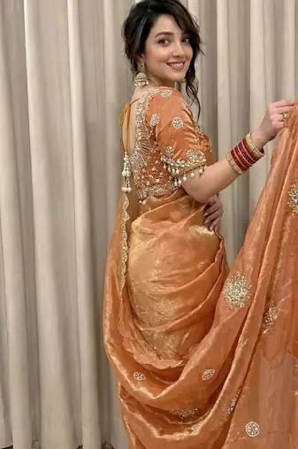 Peach Color Hand work with cut work aarko border Sattin art silk saree