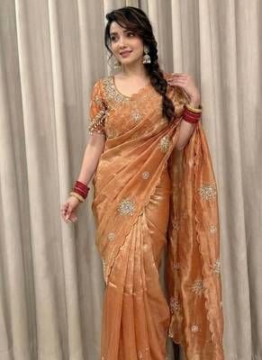 Peach Color Hand work with cut work aarko border Sattin art silk saree 3