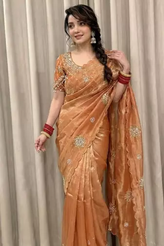 Peach Color Hand work with cut work aarko border Sattin art silk saree