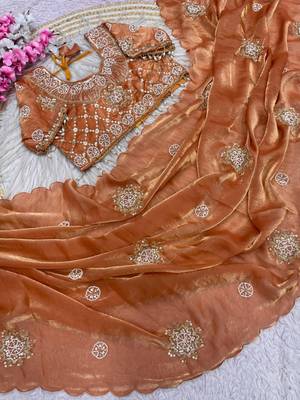 Peach Color Hand work with cut work aarko border Sattin art silk saree 4