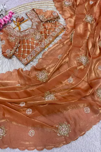 Peach Color Hand work with cut work aarko border Sattin art silk saree